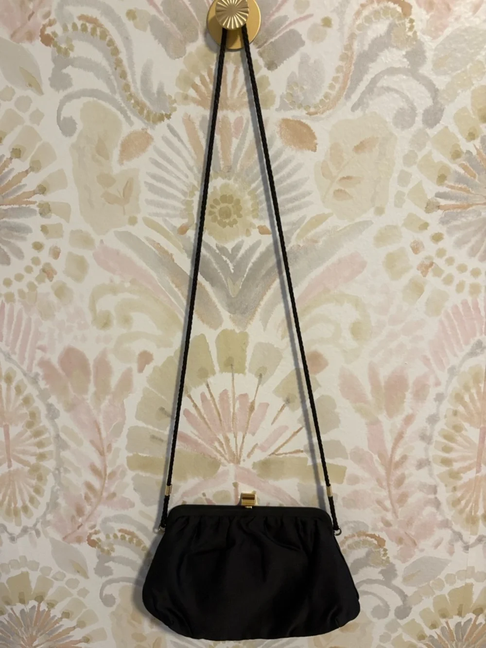Marshall Field's Vintage Black Satin Pleated Evening Bag Shoulder Clutch Gold